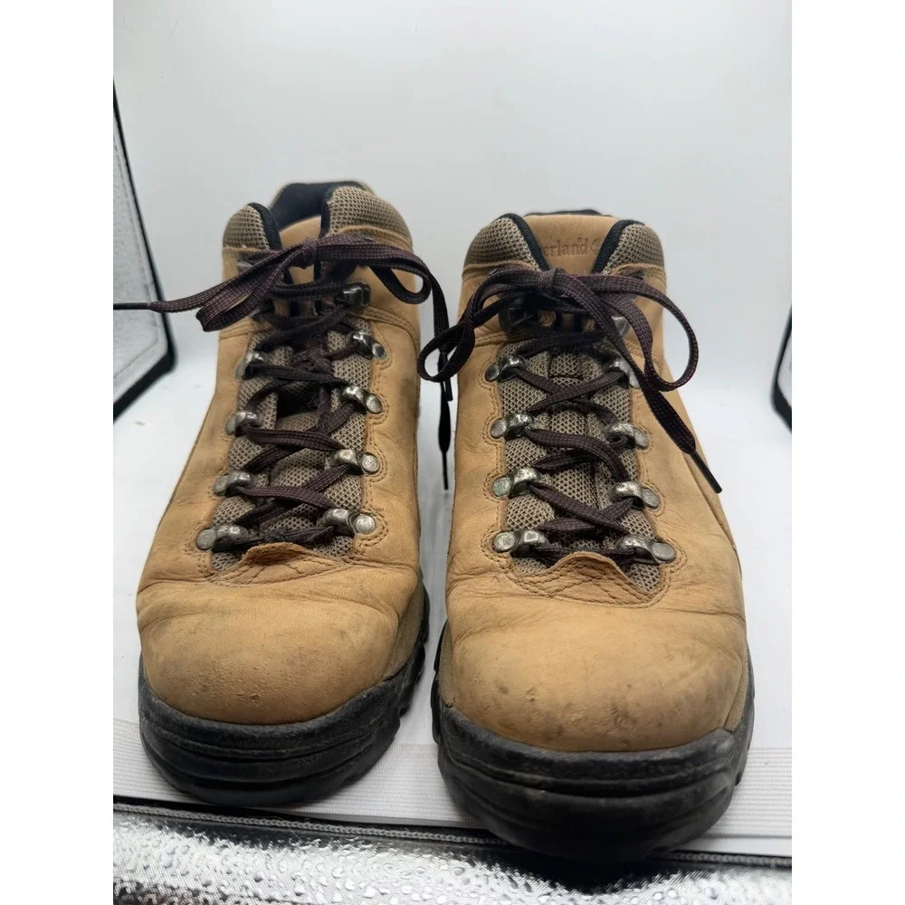Timberland Mens 9.5M Leather Hiking Boots Tan Black Mid Top 87629 ACT